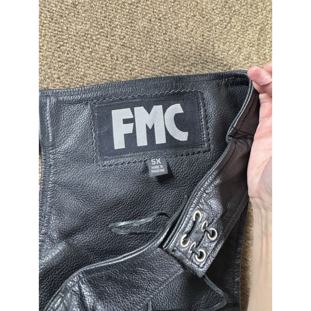 FMC First Manufacturing Co Black Leather Motorcycle Chaps Men's Size 5X 5XL - Picture 5 of 13